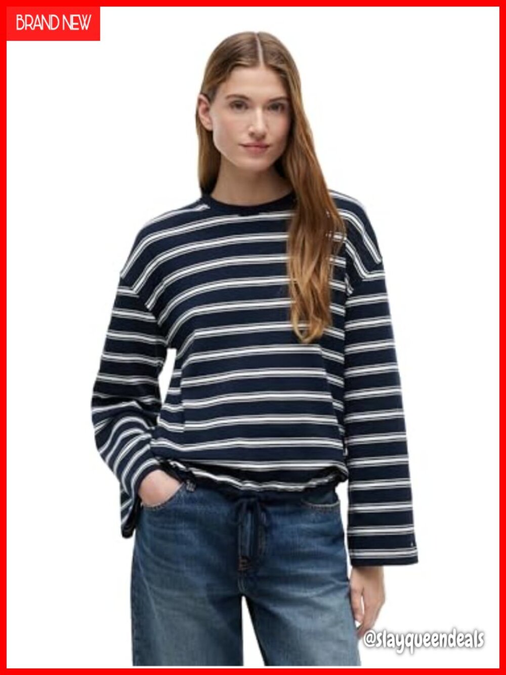 Long Sleeve Cotton Crewneck Graphic T-Shirt with Adjustable Waist Tie